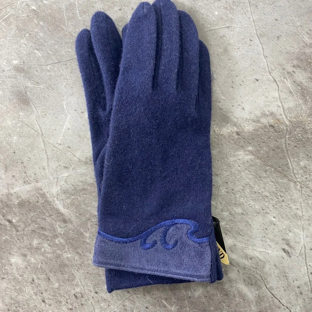 Navy Blue Cashmere Blend Gloves Lambswool Winter One Size Embroidered Cuff‎ NEW